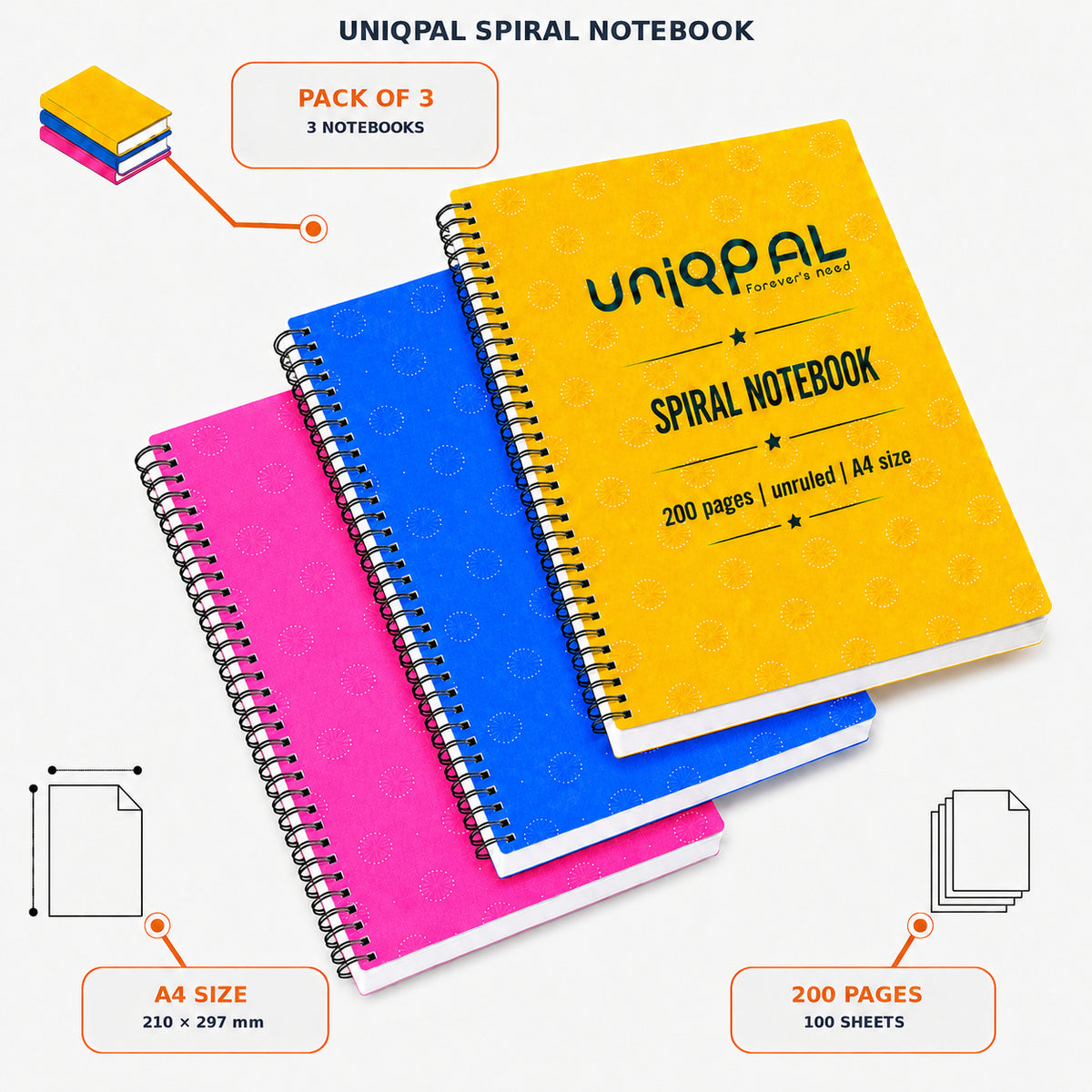 UNIQPAL College Spiral Notebook A4 Ruled | 3 x 200 Pages | Notes, Assignments, Projects & Daily Writing | Pack of 3
