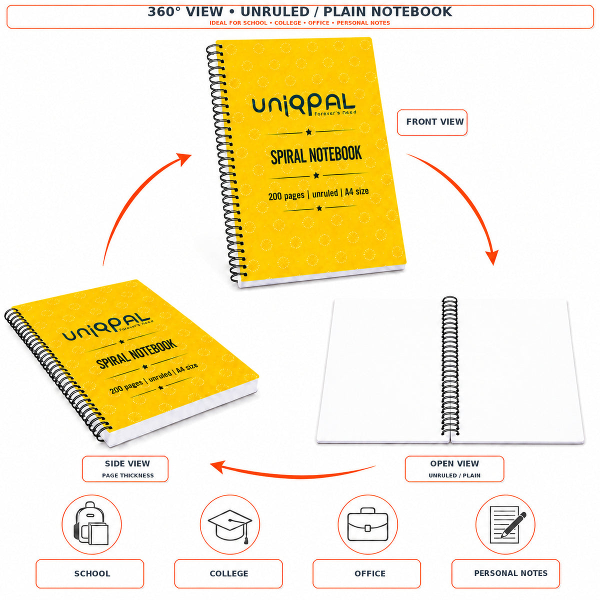 UNIQPAL College Spiral Notebook A4 Ruled | 3 x 200 Pages | Notes, Assignments, Projects & Daily Writing | Pack of 3